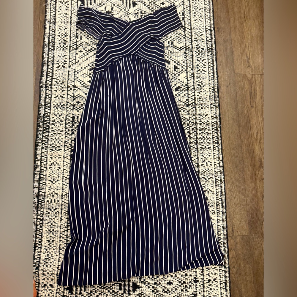 Bloomingdale’s Aqua Nautical Off the Shoulder Summer Maxi Dress